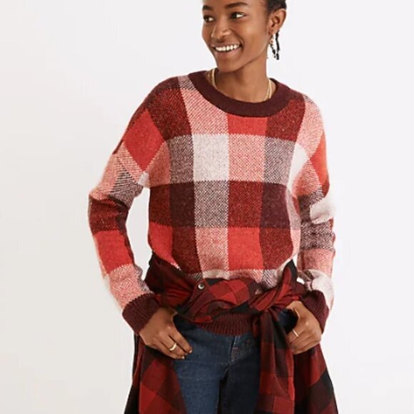 Madewell Fenimore Pull Over Alpaca Blend Sweater Red In Plaid  XS - Picture 1 of 12